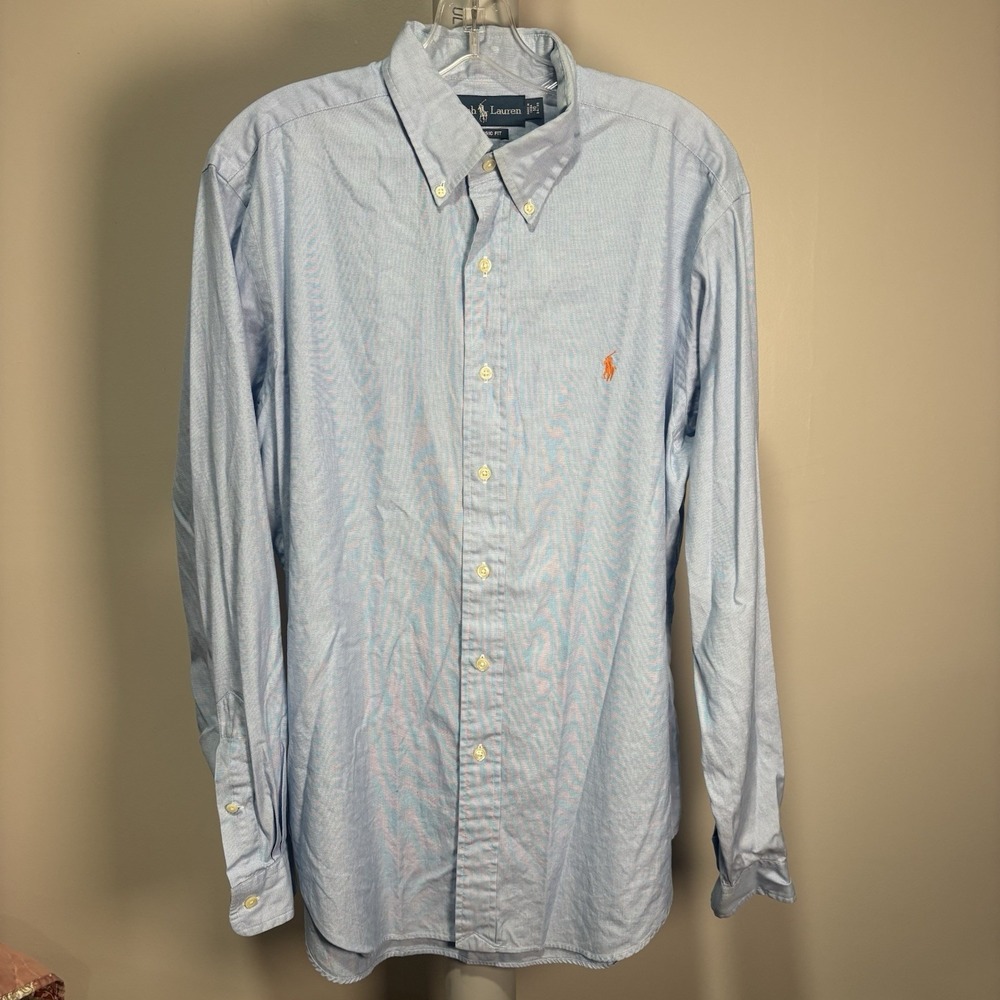 Vtg Ralph Lauren Button Down Shirt Classic Fit Blue Mens 16 34/35 Orange Pony
